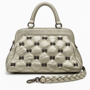 Betsey Johnson Vintage Silver Quilted Bow Soft Leather‎ Satchel + Strap Indie